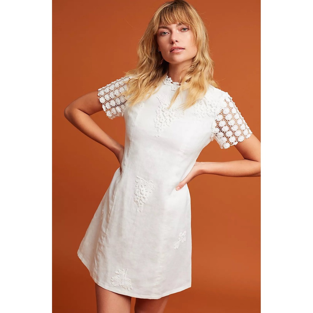 Corey Lynn Calter Anthropologie Lorient White Linen Crochet Mini Dress 6 Cottage